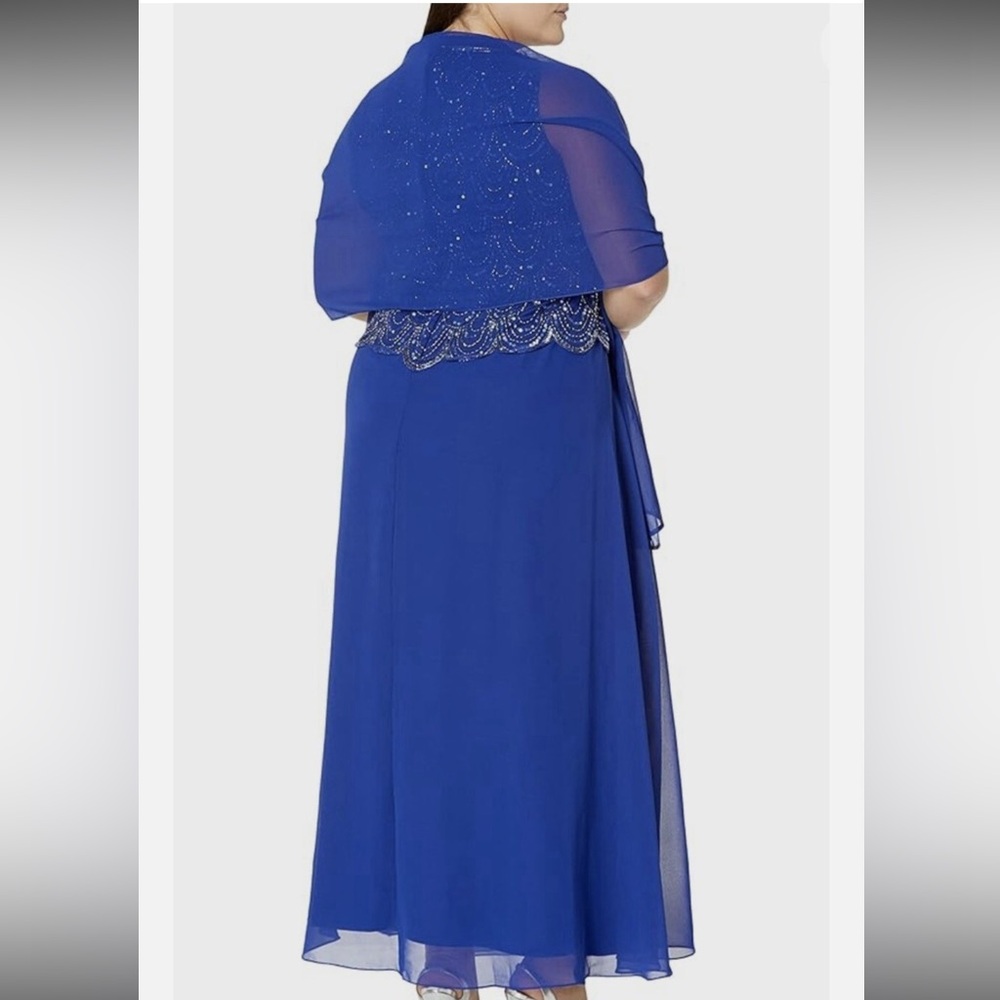 J Kara Scallop Beaded Pop Over Gown in royal blue 16W - Picture 2 of 6